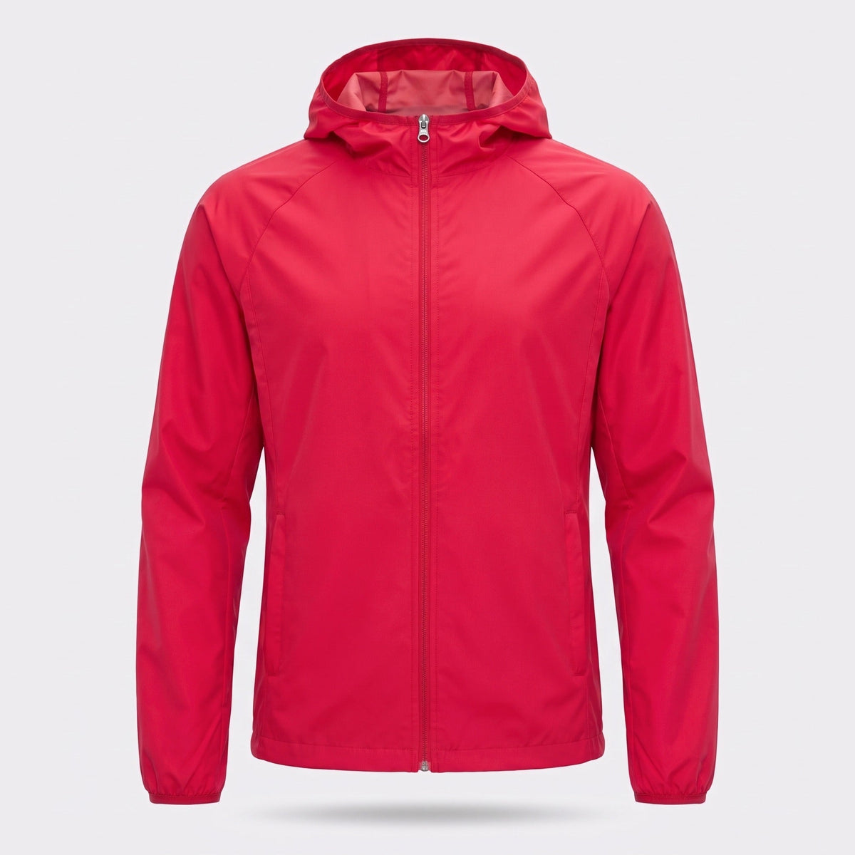 Red hooded windbreaker jacket with front zipper, shown flat on background | Chaps London
