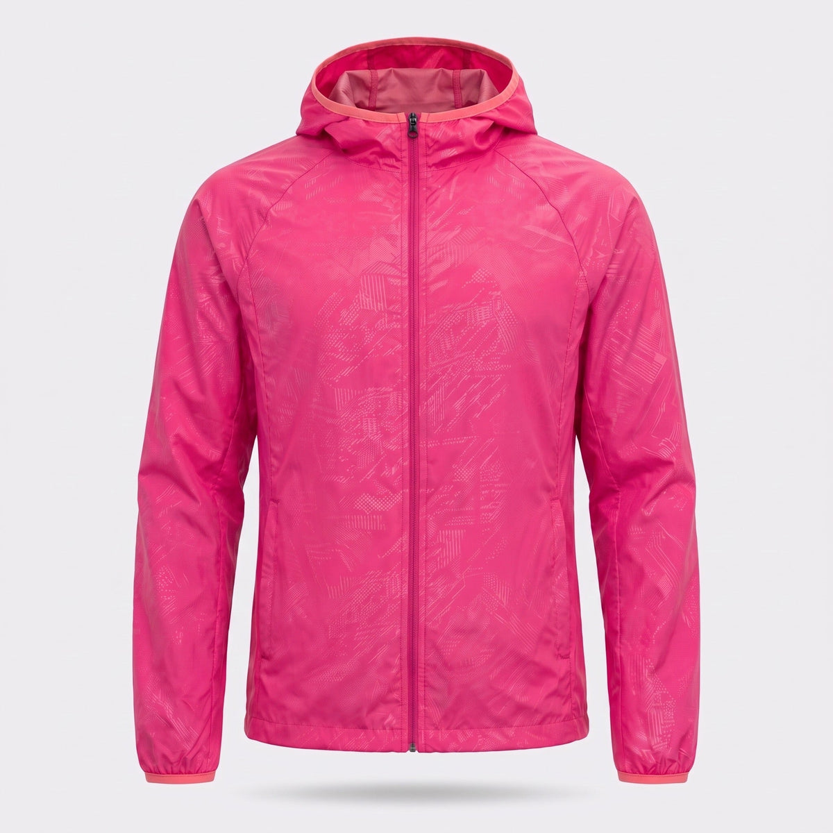 Pink hooded windbreaker jacket with subtle pattern, laid flat, front view | Chaps London