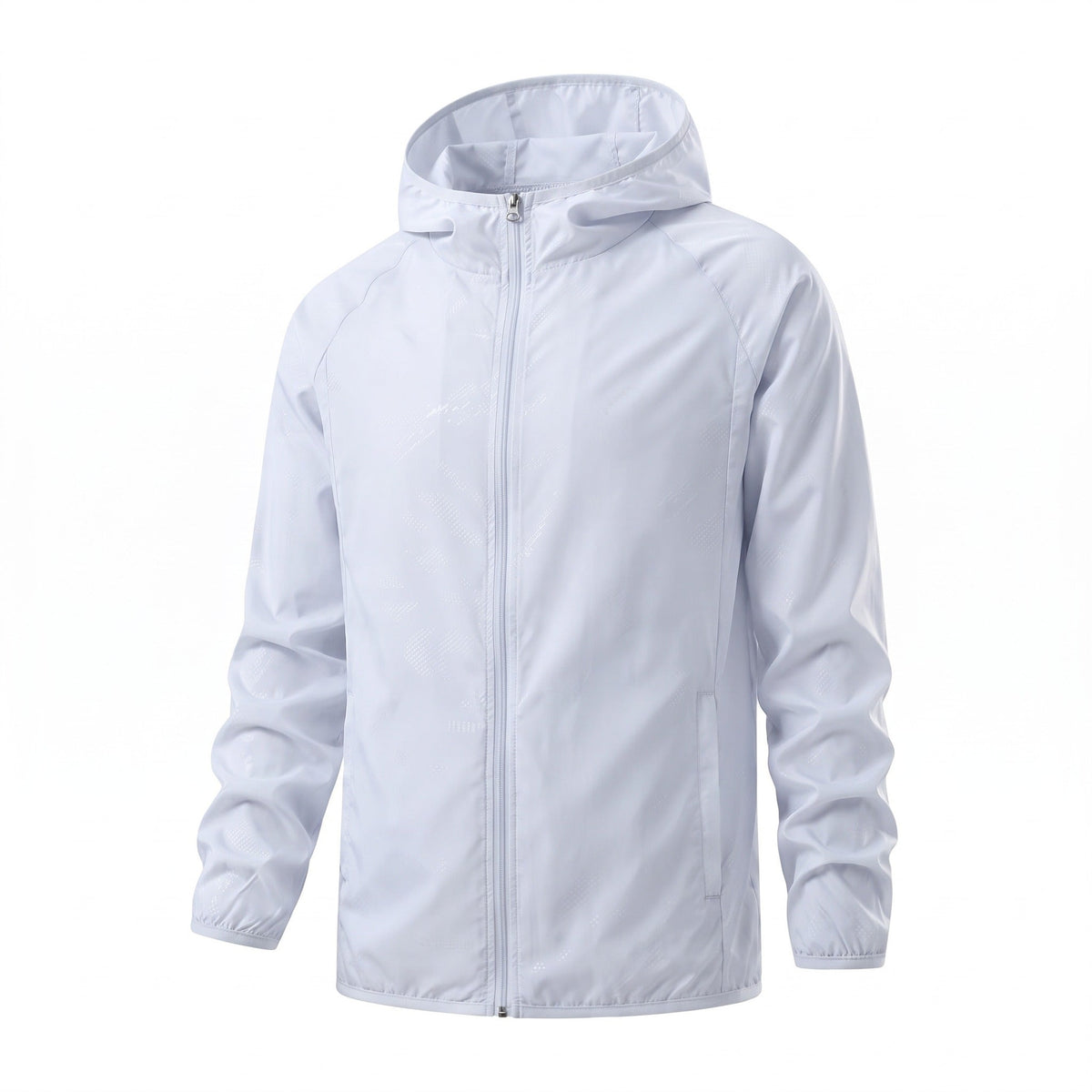 White hooded zip-up jacket displayed flat, front view, lightweight design | Chaps London