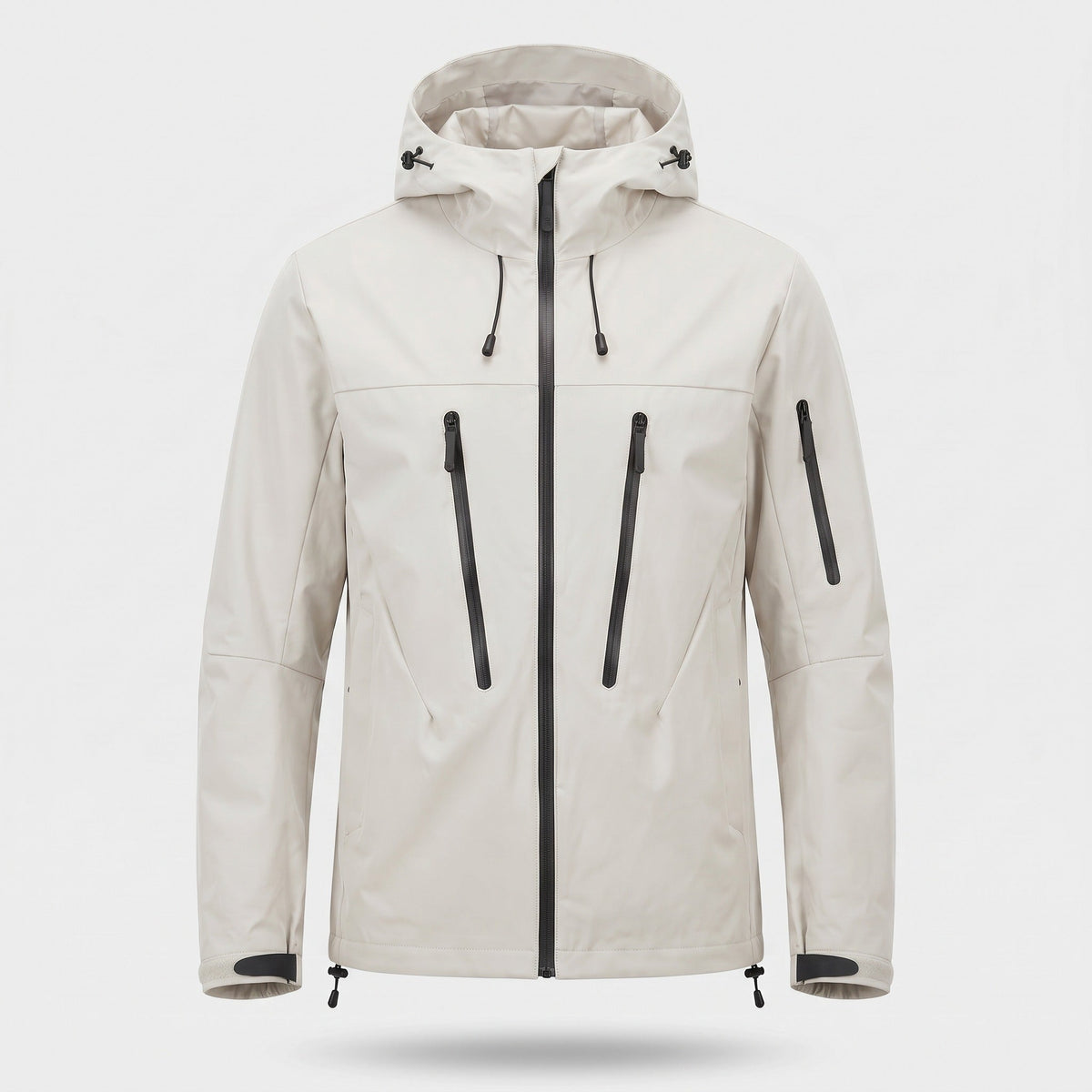Beige hooded rain jacket with zip pockets, shown on invisible mannequin form | Chaps London