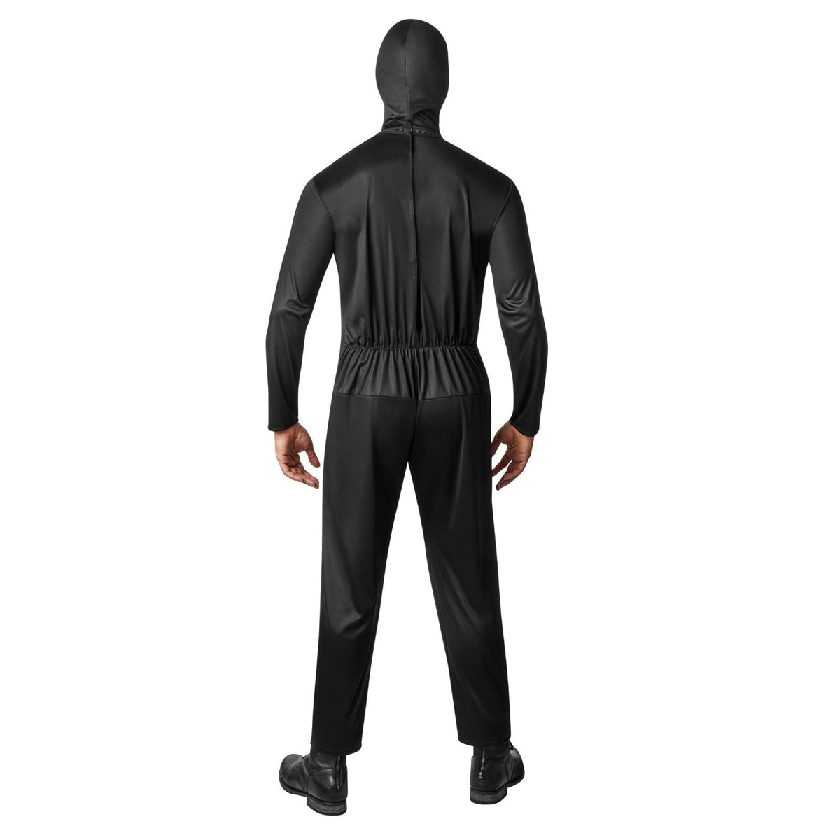 Man wearing black hooded jumpsuit costume, rear view, full body | Chaps London