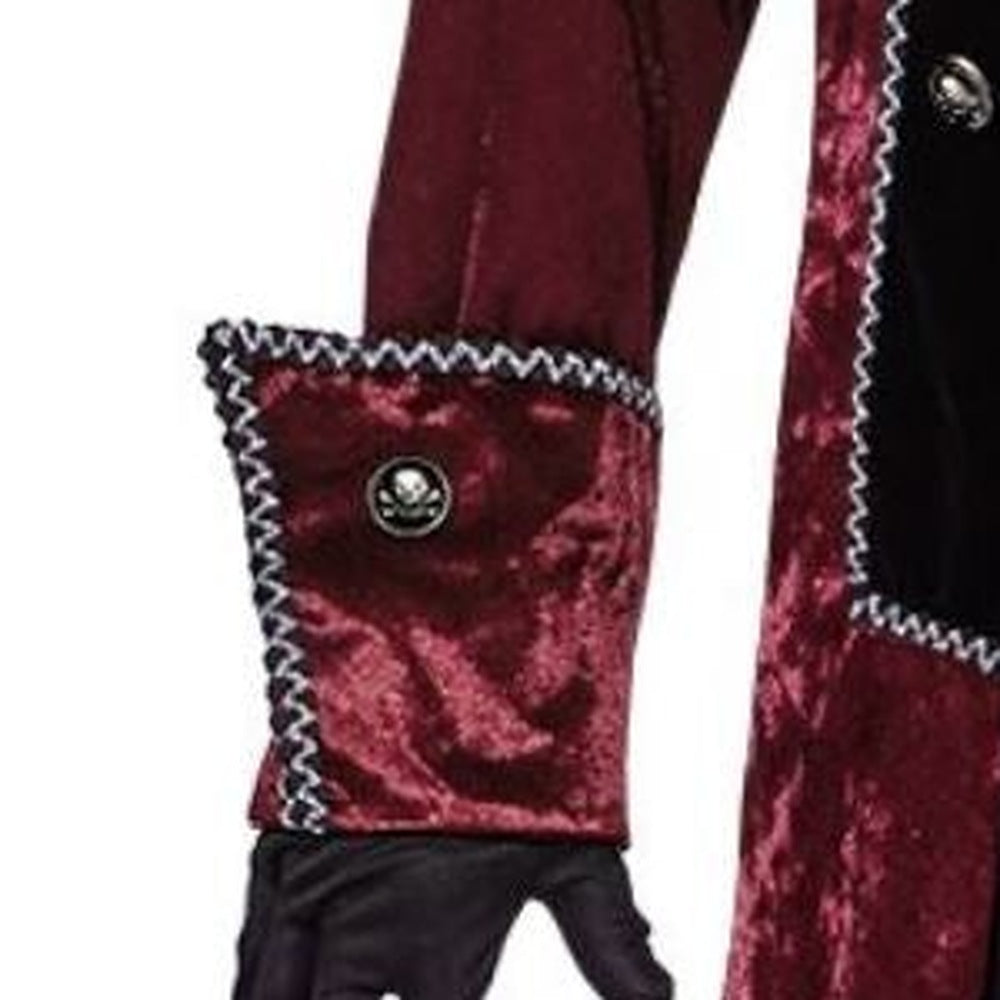 Burgundy velvet cuff with skull button, worn on arm with black glove | Chaps London