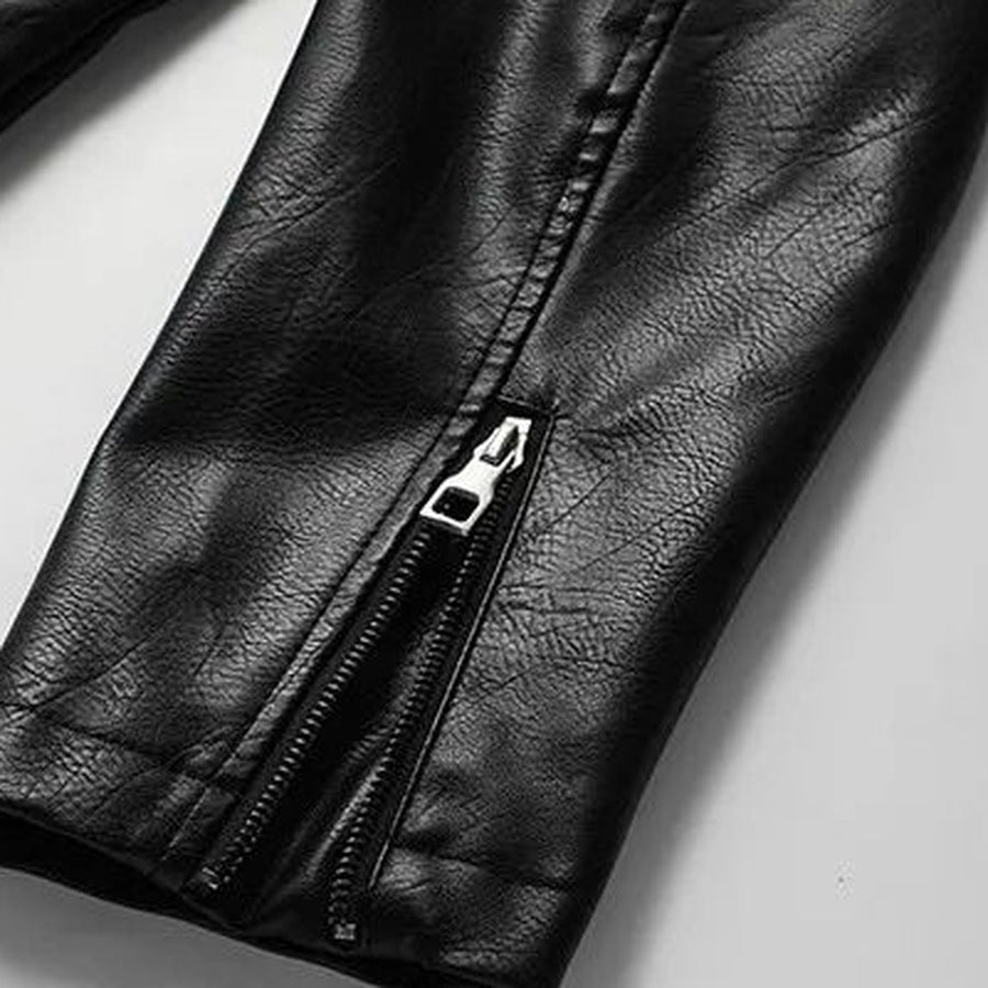 Close-up of black faux leather jacket sleeve with zipper detail | Chaps London