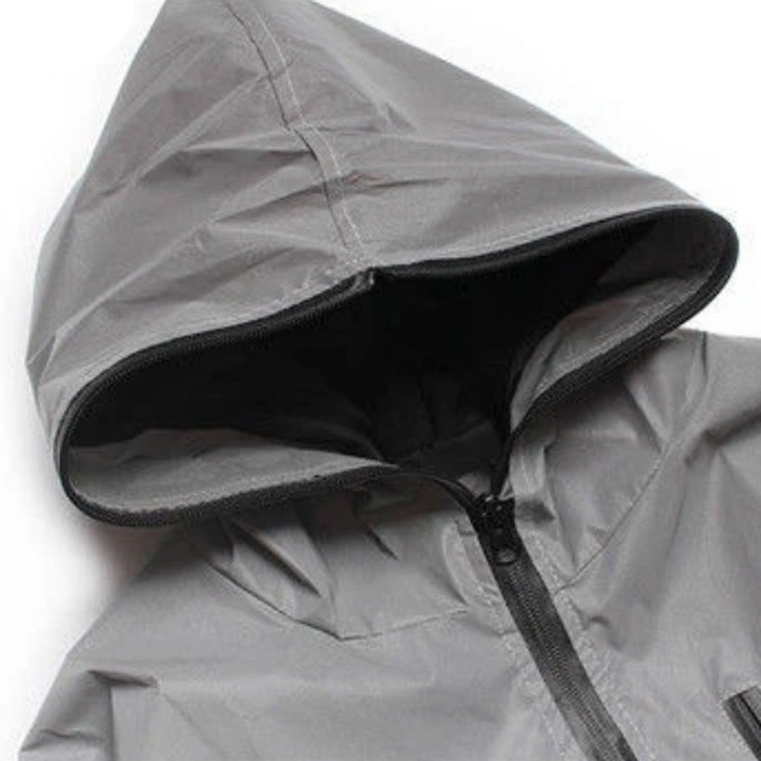 Gray waterproof rain jacket hood close-up with zipper, black interior lining visible | Chaps London