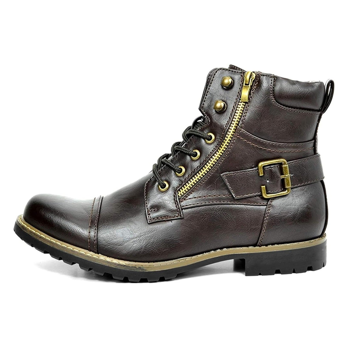 Brown leather biker boot with side zipper and buckle strap detail | Chaps London
