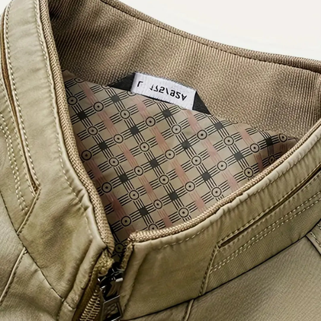 Khaki cotton field jacket collar closeup showing zipper and patterned fabric lining | Chaps London