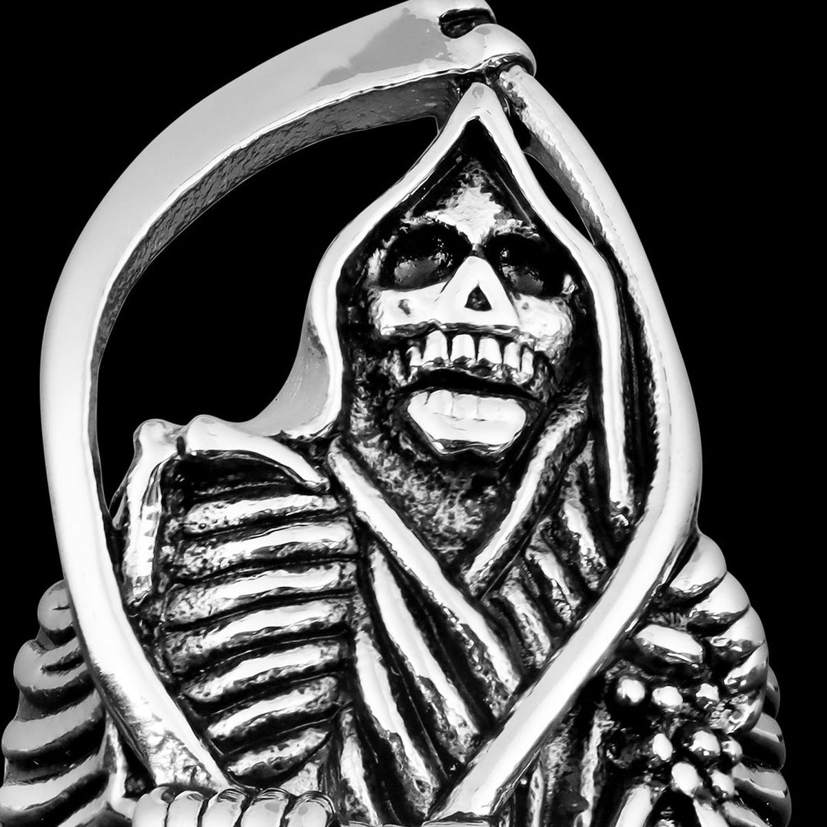 Silver ring featuring hooded Grim Reaper with scythe, skull face detailed | Chaps London
