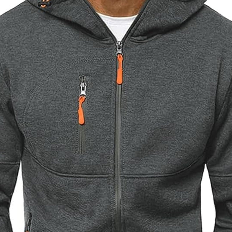 Dark grey zip hoodie with orange zippers, worn by a person | Chaps London