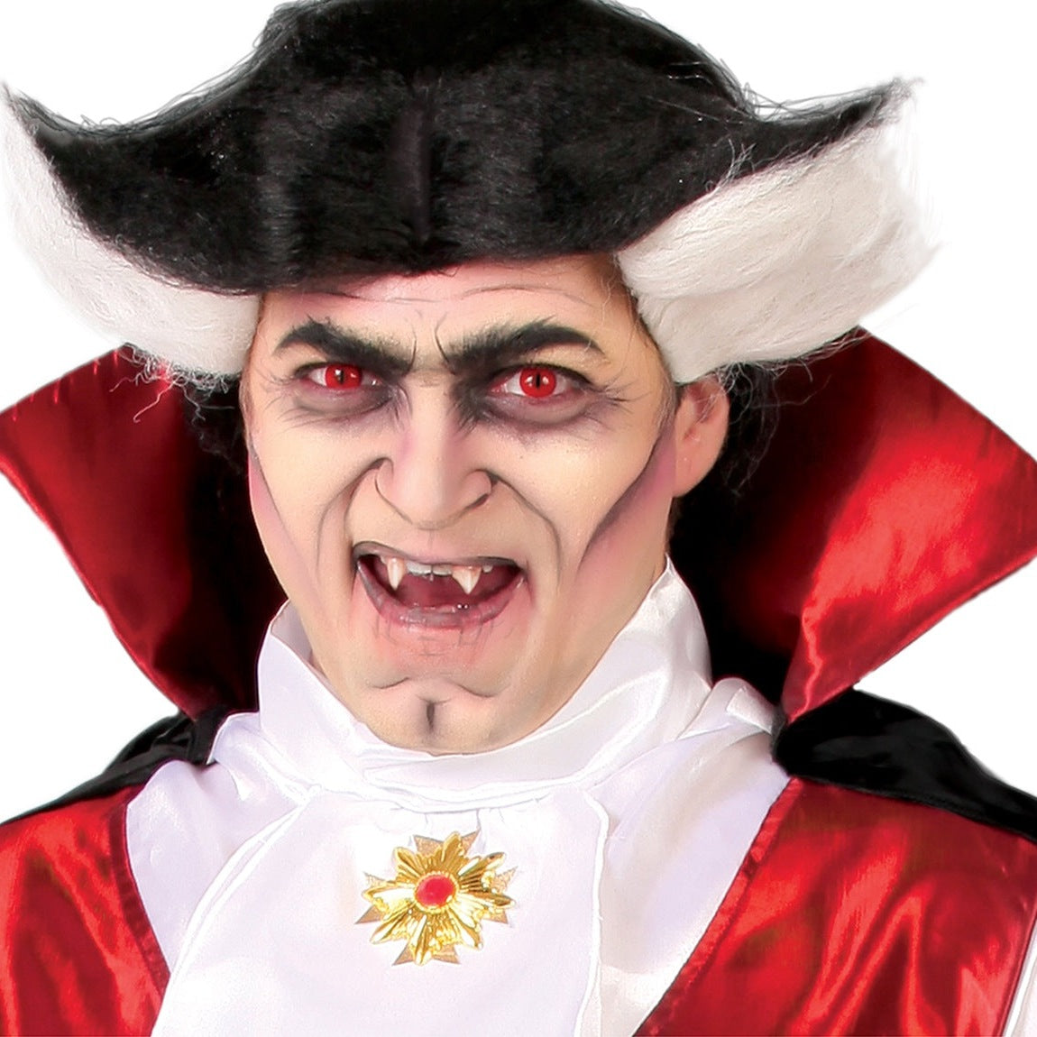 Man wearing vampire costume with red cape, white collar, fangs visible | Chaps London
