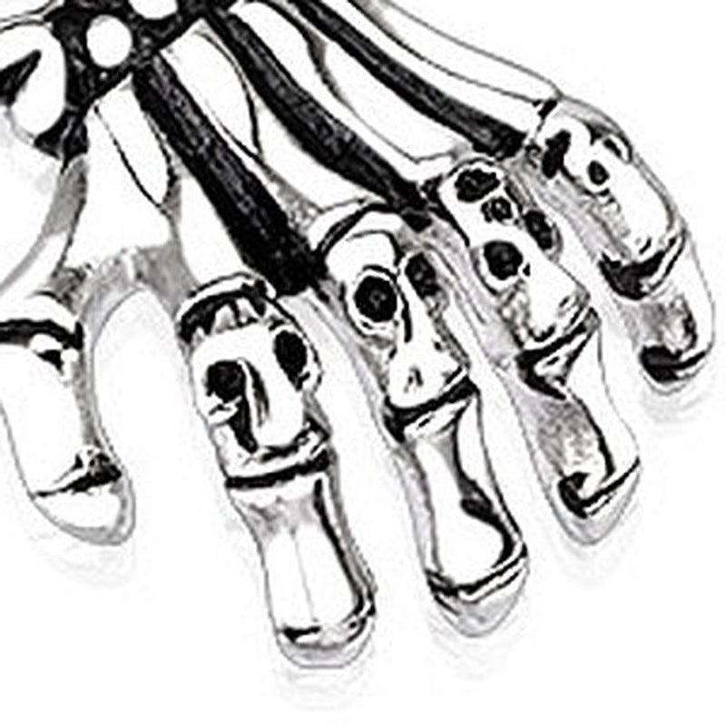 Skeleton hand pendant with skull fingers, silver-toned, shown as close-up flat product | Chaps London