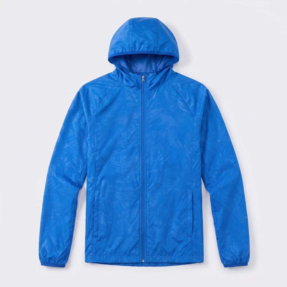 Blue hooded windbreaker jacket with subtle pattern, laid flat, zipped | Chaps London