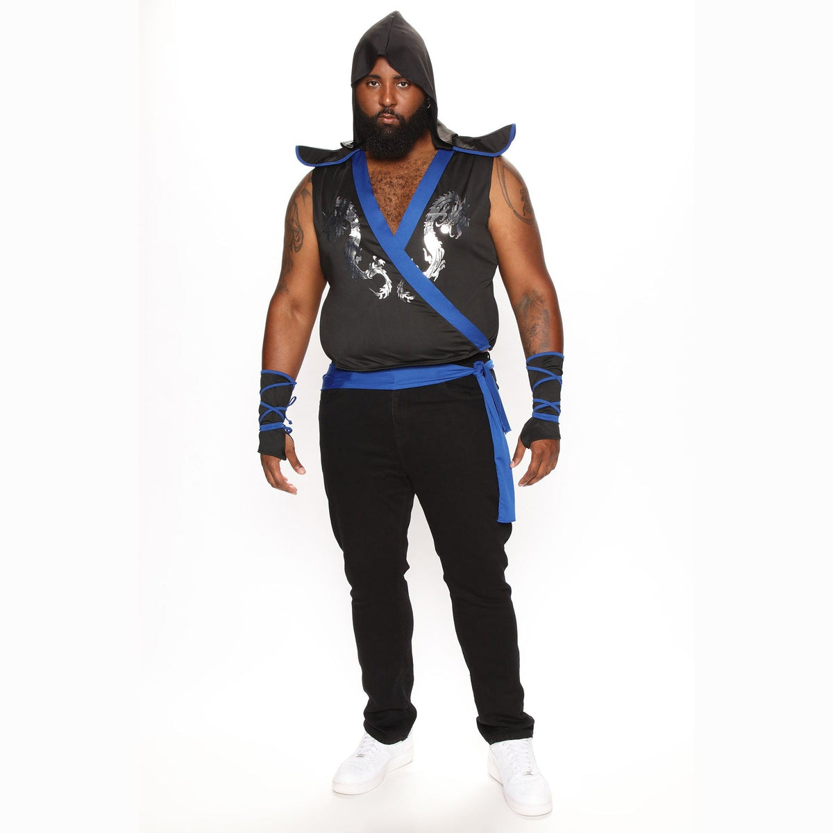Man wearing black and blue ninja hooded tunic with gauntlets and sash | Chaps London