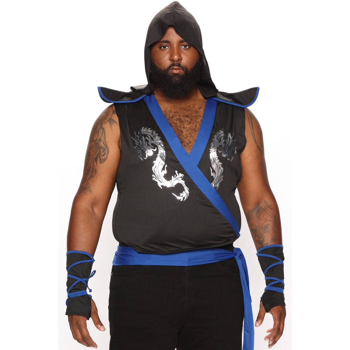 Man wearing black and blue hooded ninja tunic with dragon design and gauntlets | Chaps London