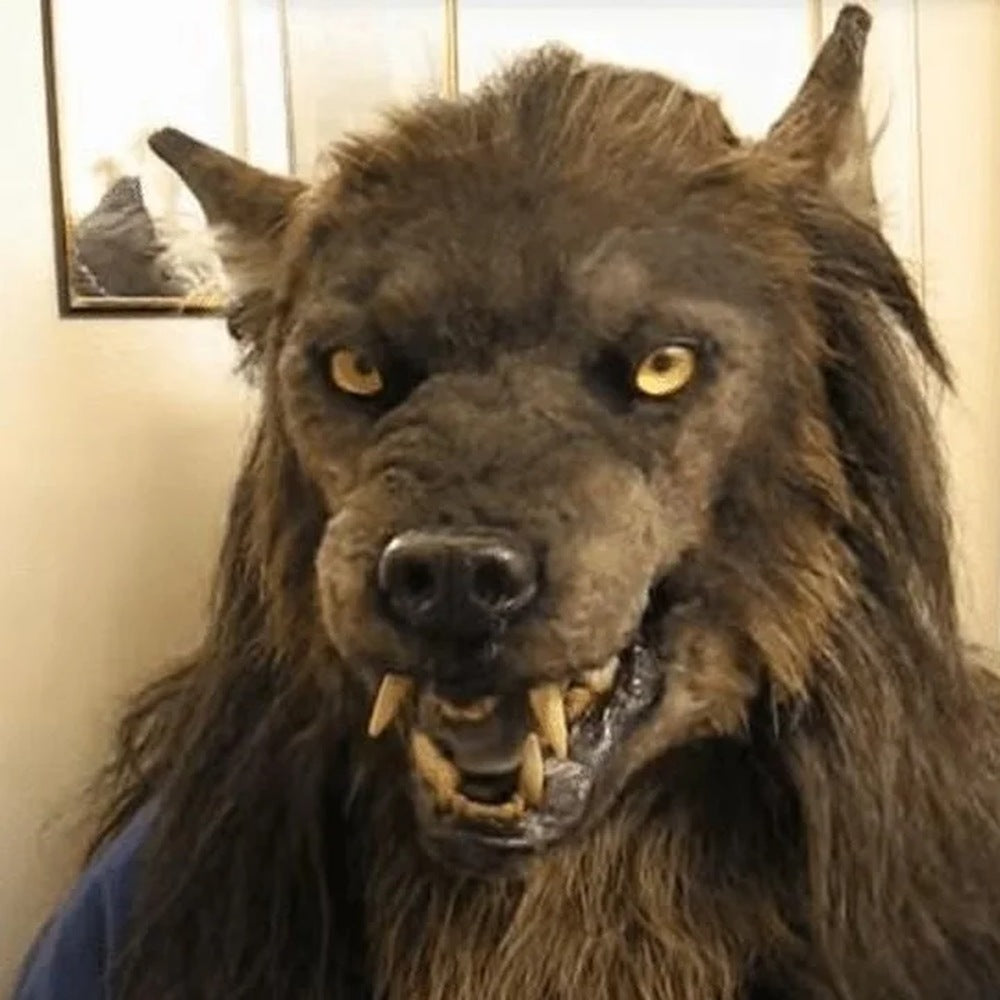 Brown werewolf mask with faux fur mane worn by a person | Chaps London