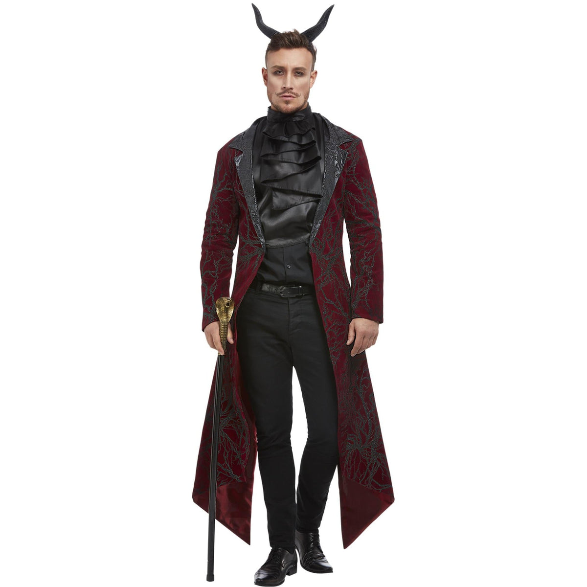 Man wearing burgundy devil tailcoat with horns headband and dark cravat | Chaps London
