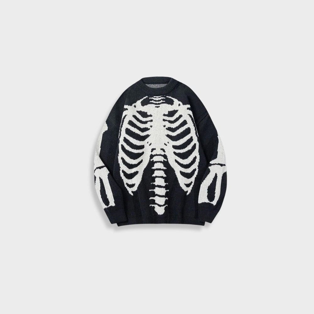 Black knit sweater with white skeleton ribcage pattern, shown flat | Chaps London