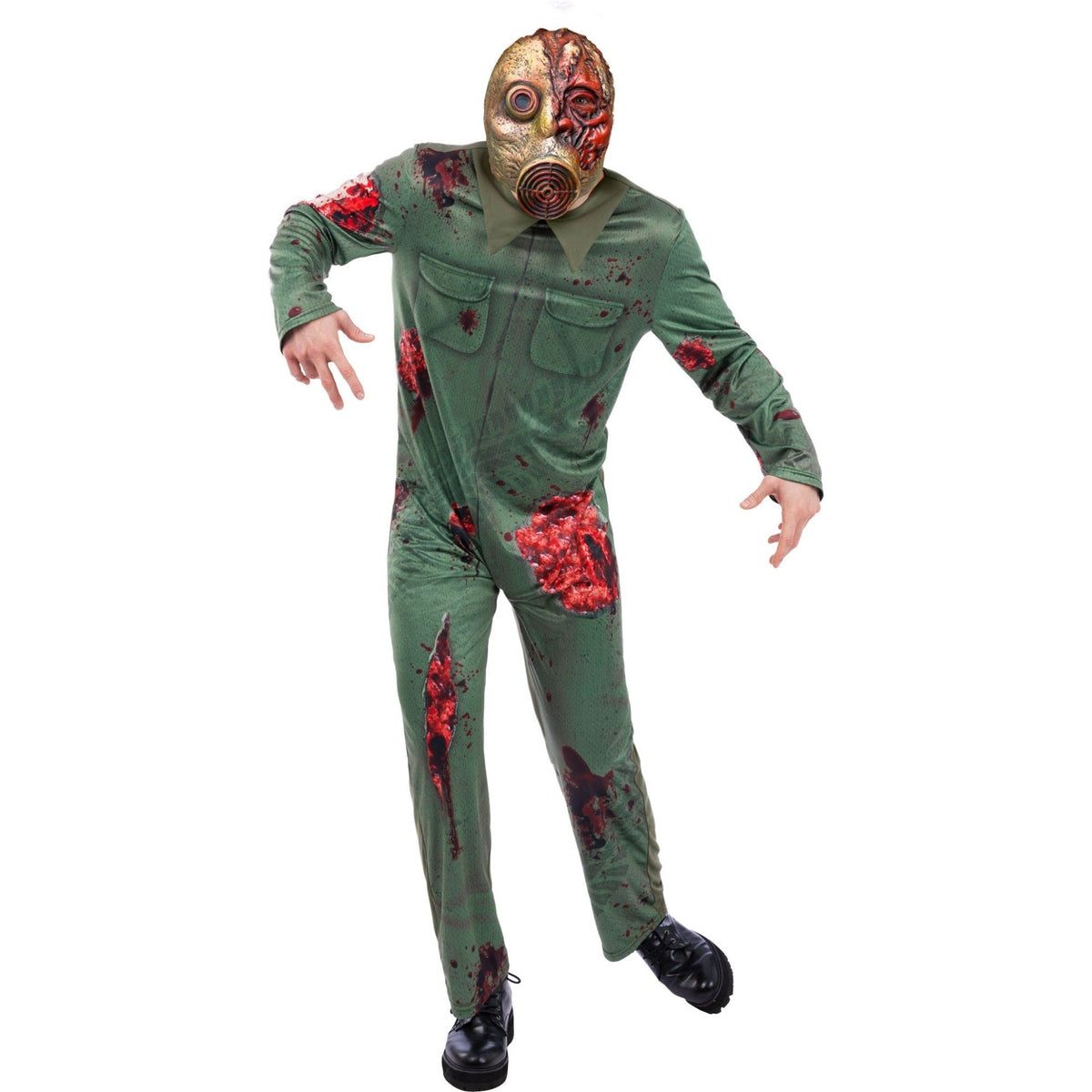 Man wearing blood-splattered green jumpsuit with gas mask zombie costume | Chaps London