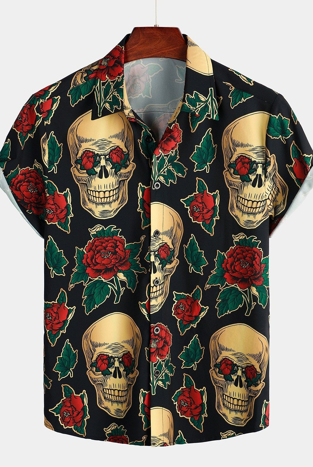 Black short-sleeve shirt with skull and red rose floral print, on hanger | Chaps London