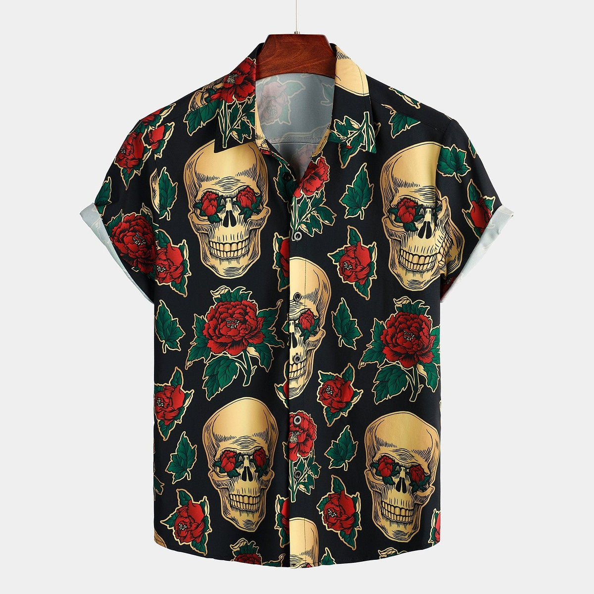Black short-sleeve shirt with skull and red rose floral print, on hanger | Chaps London