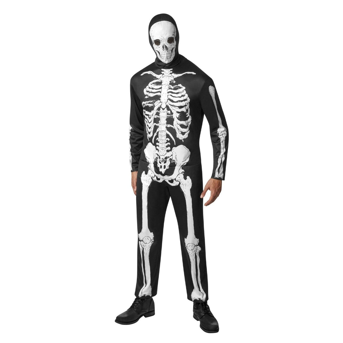 Man wearing black skeleton jumpsuit costume with white bone print and hood | Chaps London
