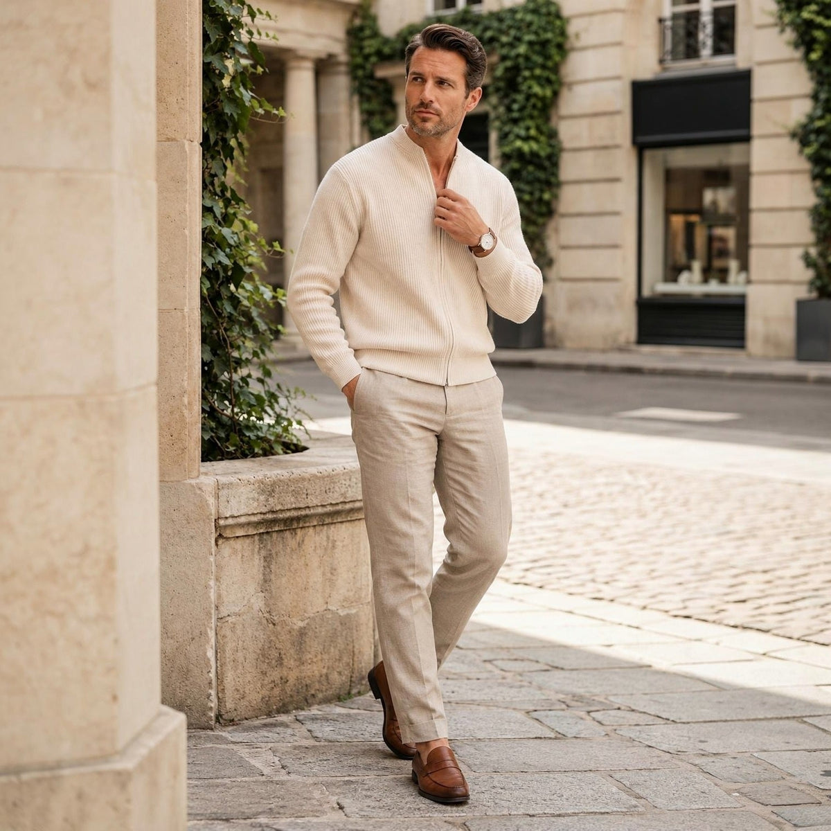Man wearing cream ribbed zip cardigan with beige trousers, walking outdoors | Chaps London