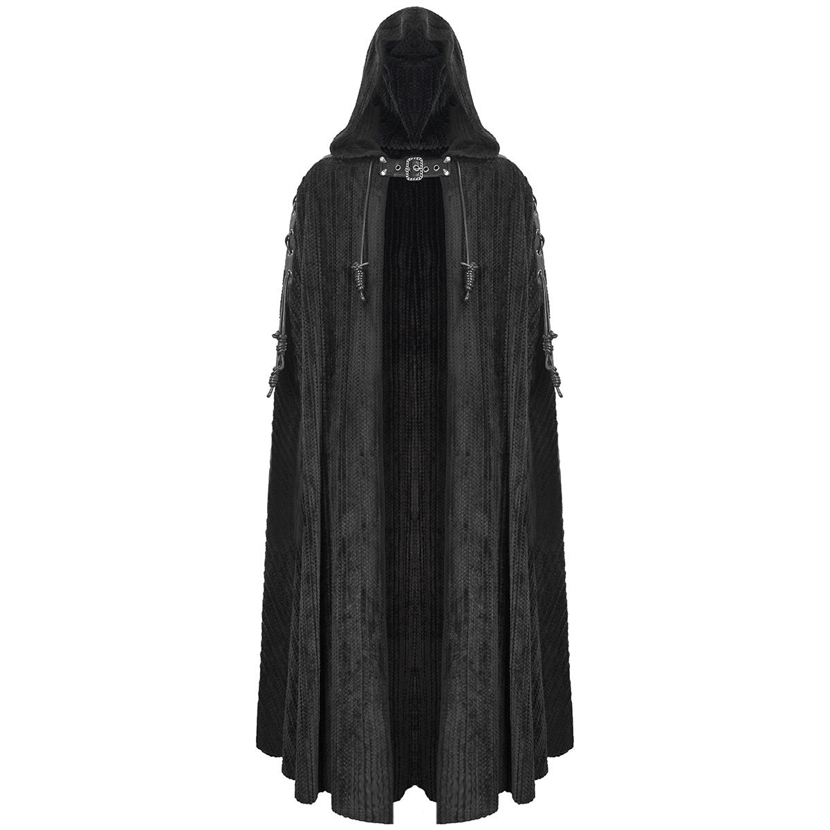 Black hooded gothic cloak with buckle strap, worn by a person | Chaps London