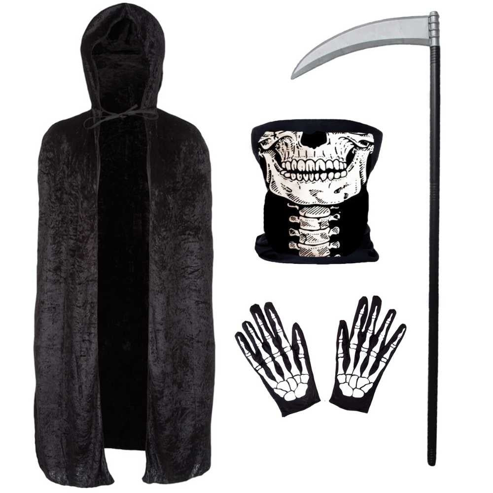 Black hooded cape, skull face snood, skeleton gloves, and scythe prop | Chaps London