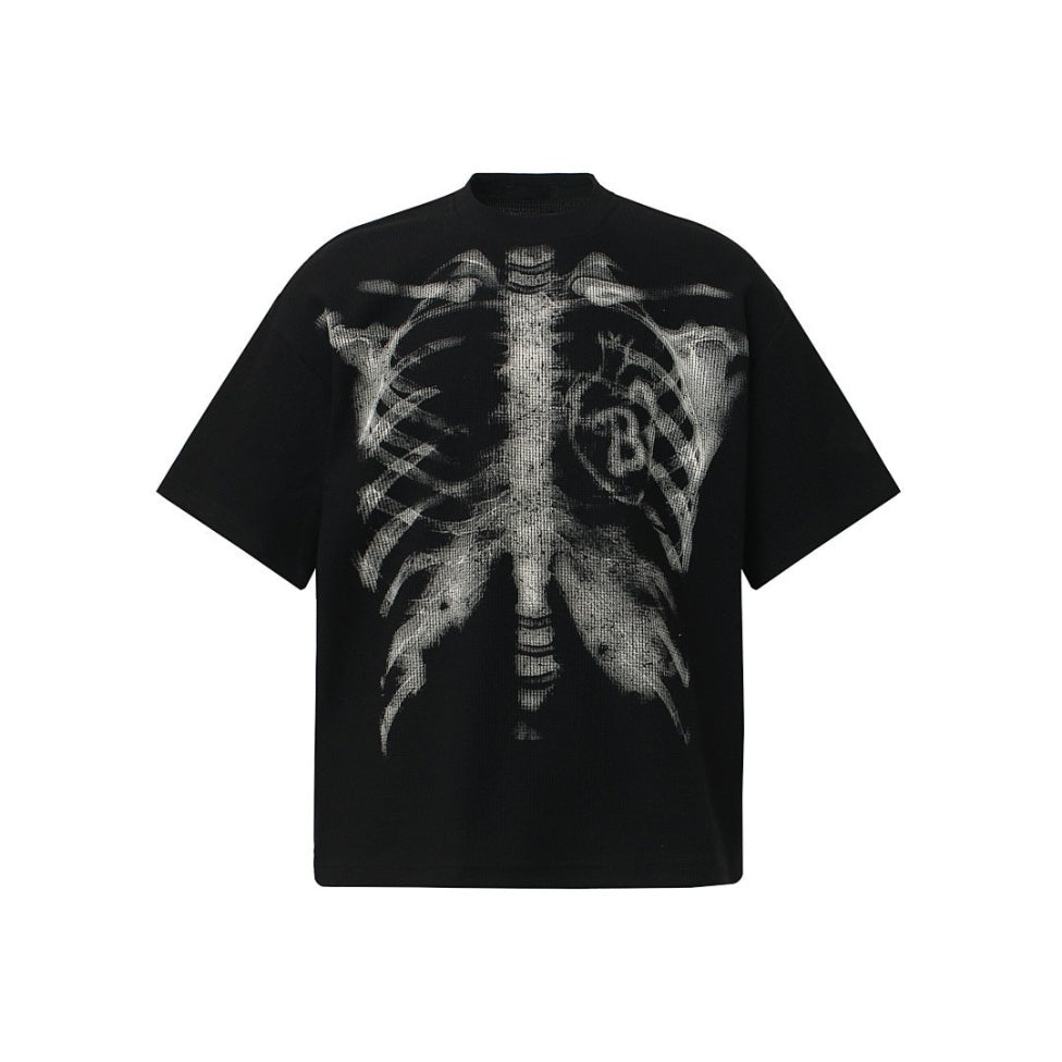 Black oversized t-shirt with ghostly rib cage graphic print, shown flat | Chaps London