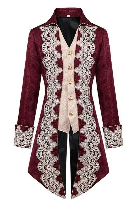 Burgundy tailback coat with cream lace trim, front view, flat lay | Chaps London