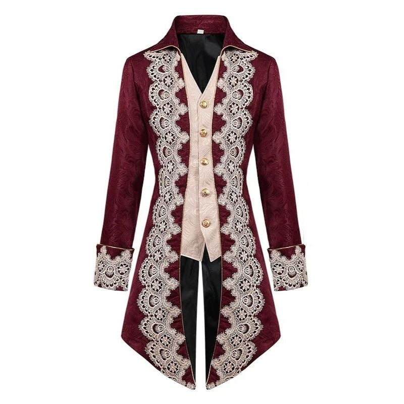 Burgundy tailback coat with cream lace trim, front view, flat lay | Chaps London
