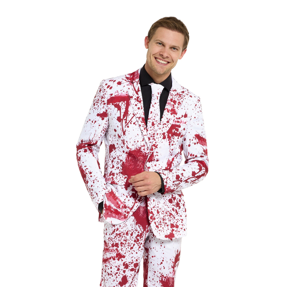 Man wearing white suit jacket and trousers with red blood splatter pattern | Chaps London