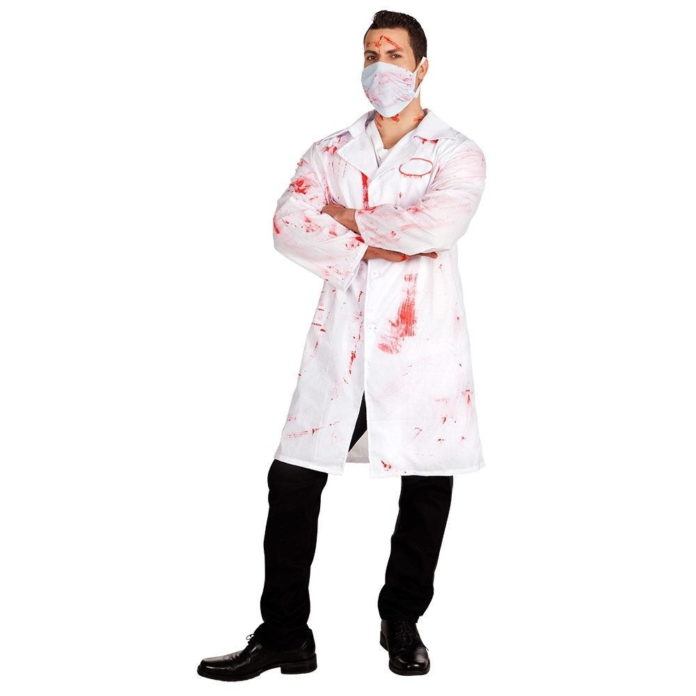 Man wearing white blood-splattered doctor coat with matching face mask costume | Chaps London