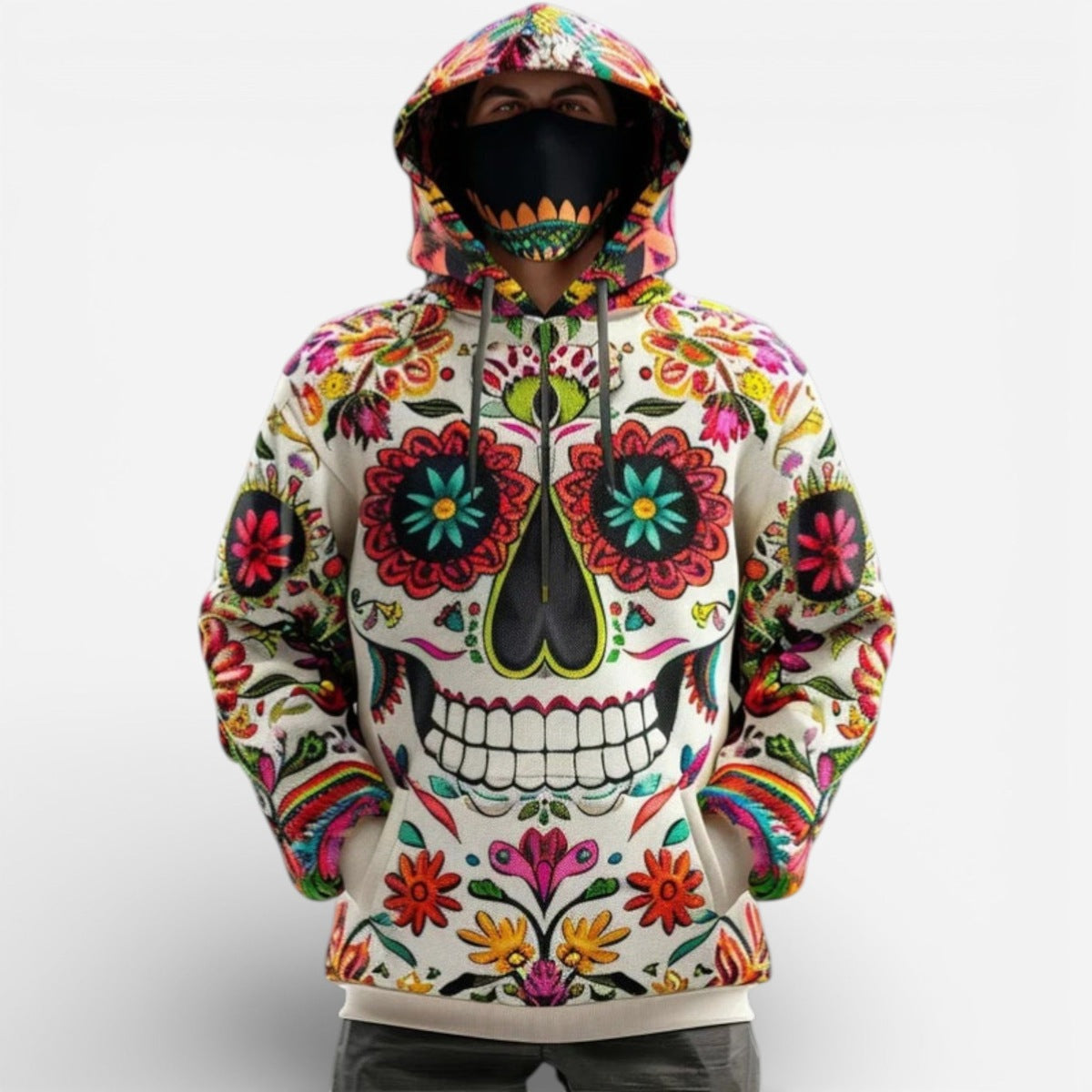 Man wearing colorful sugar skull print hoodie with face mask, hood up | Chaps London