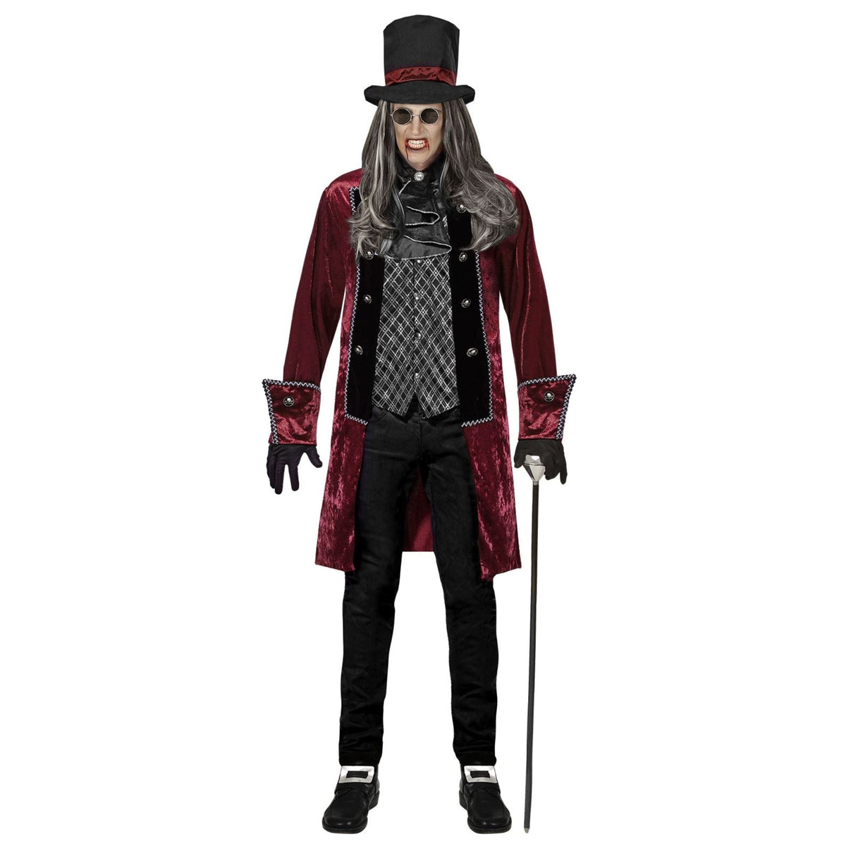 Model wearing burgundy velvet coat costume with top hat and cane | Chaps London