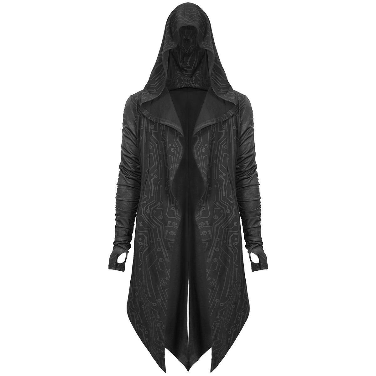 Black hooded long cardigan with subtle circuit pattern, worn by model | Chaps London