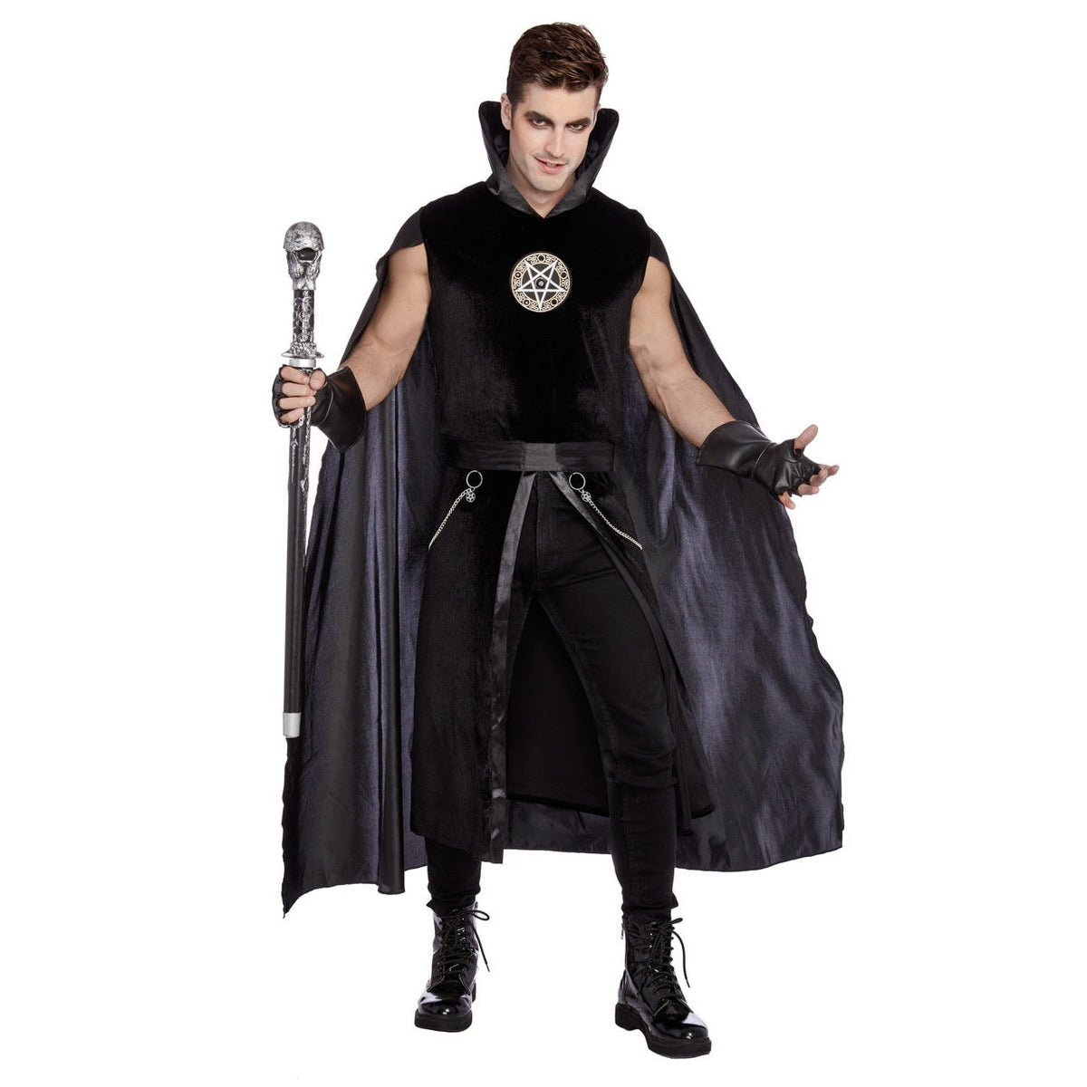 Man wearing black gothic costume with cape, pentagram emblem, and staff | Chaps London
