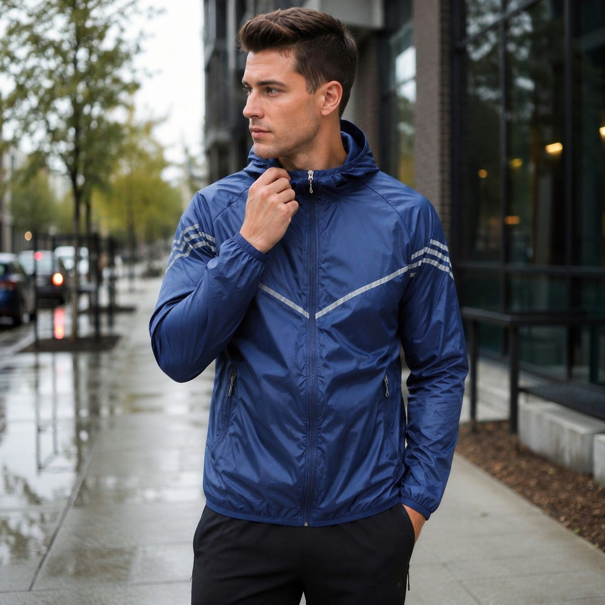 Man wearing navy blue hooded windbreaker jacket with reflective stripes on sidewalk | Chaps London