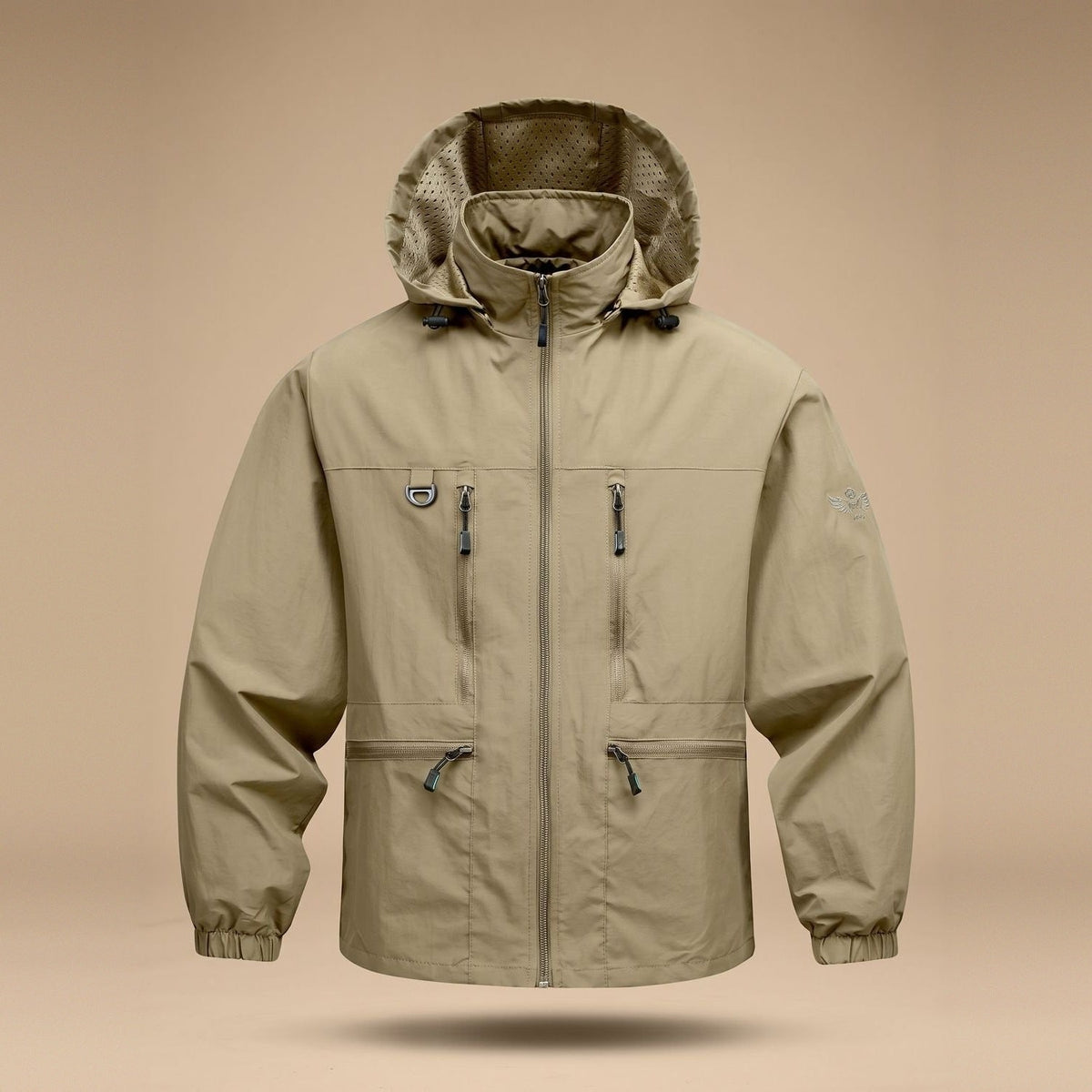 Khaki hooded zip-up jacket with multiple pockets, displayed on mannequin form | Chaps London