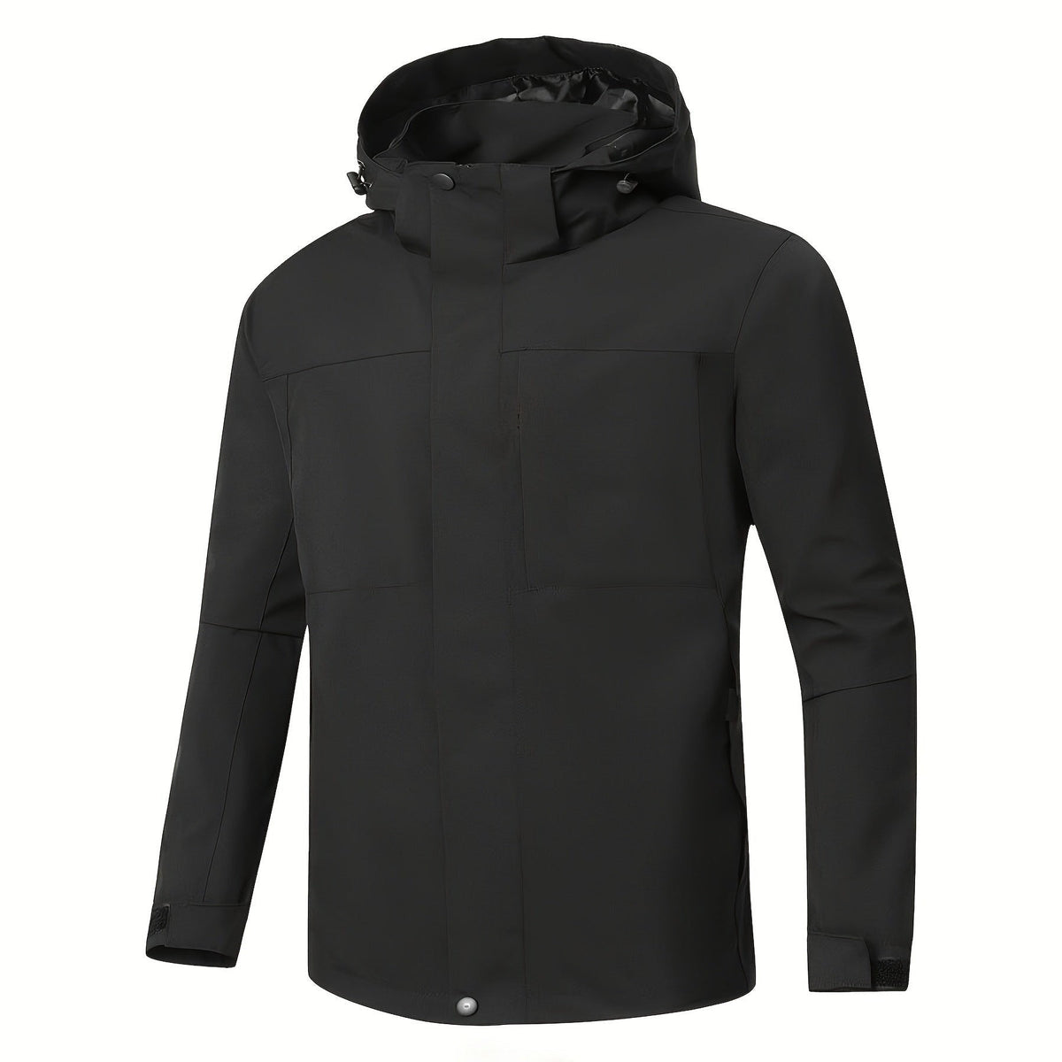 Black hooded zip-up jacket displayed on mannequin, front three-quarter view | Chaps London