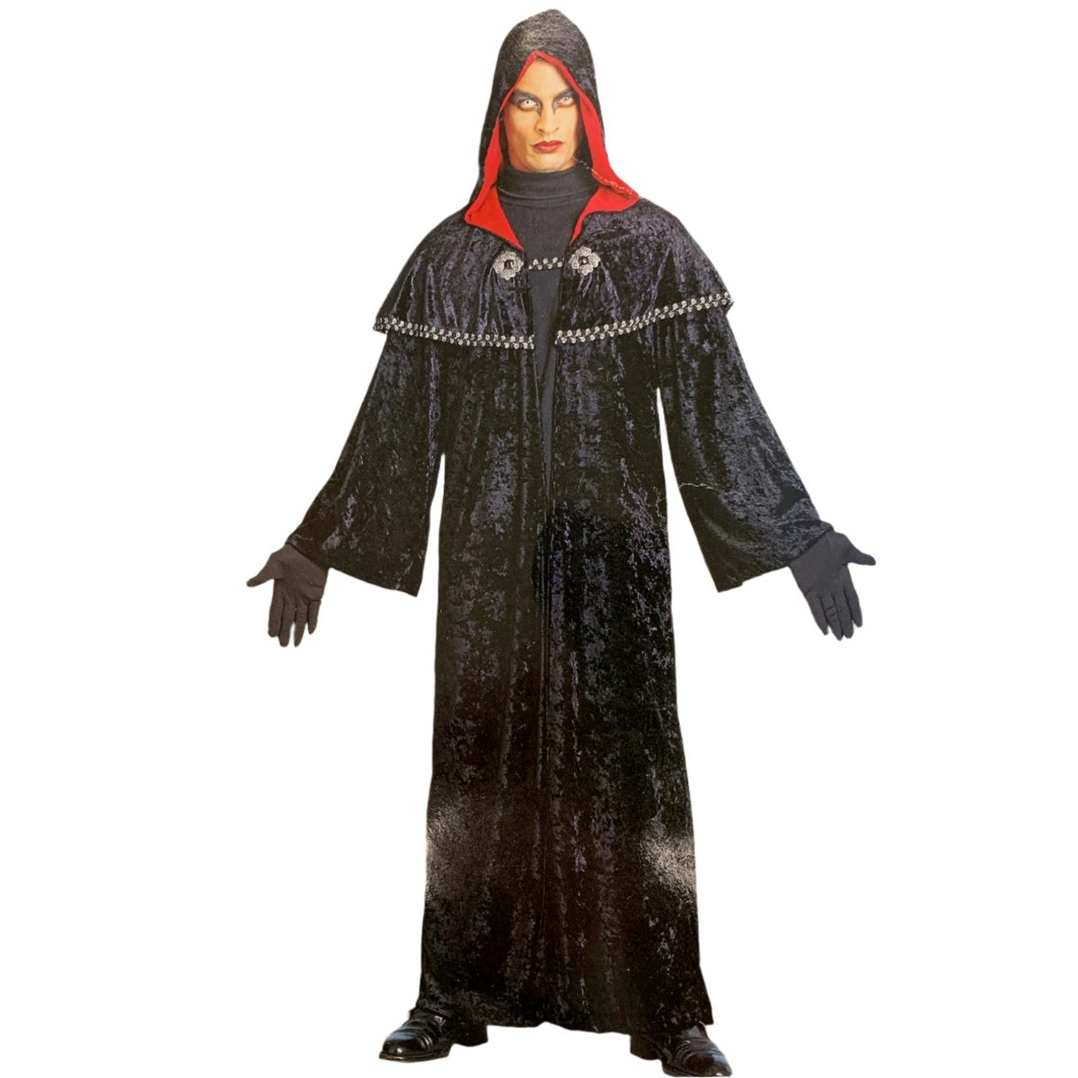 Black hooded robe with red trim and shoulder cape, worn by person | Chaps London