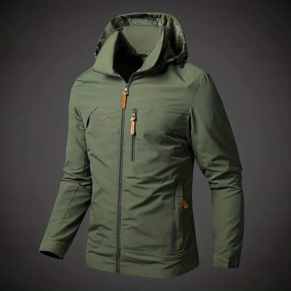 Olive green hooded windbreaker jacket with orange zipper pulls, displayed on mannequin | Chaps London