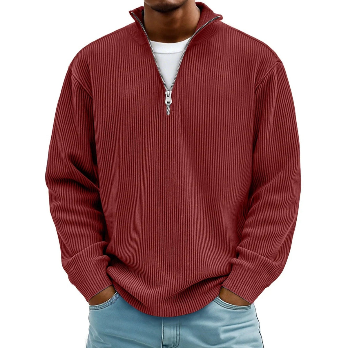 Man wearing dark red ribbed knit half zip sweater, hands in pockets | Chaps London
