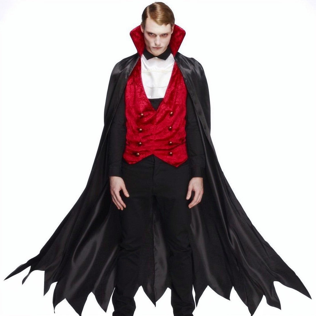 Man wearing black vampire cape with red velvet waistcoat and bow tie | Chaps London