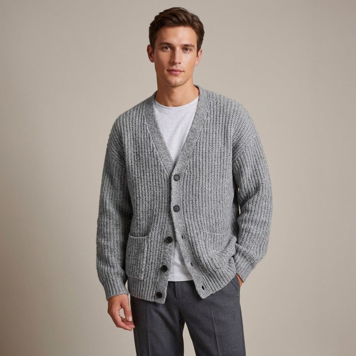Man wearing gray ribbed knit button-front cardigan with white t-shirt | Chaps London