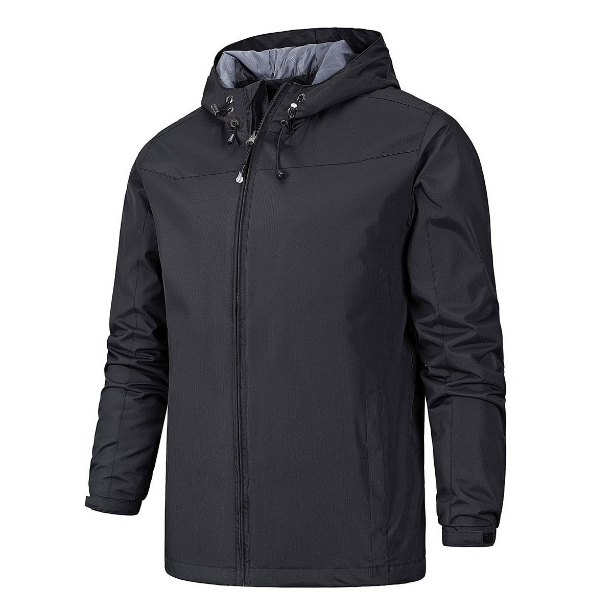Black hooded zip-up jacket worn by a man, front view | Chaps London