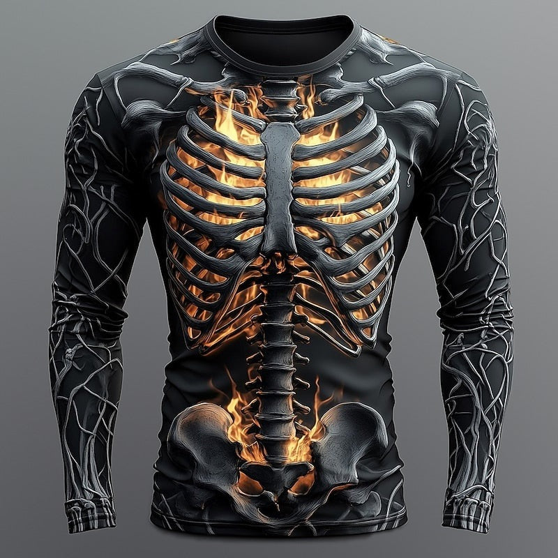 Long sleeve top with flaming skeletal ribcage print, worn by a man | Chaps London