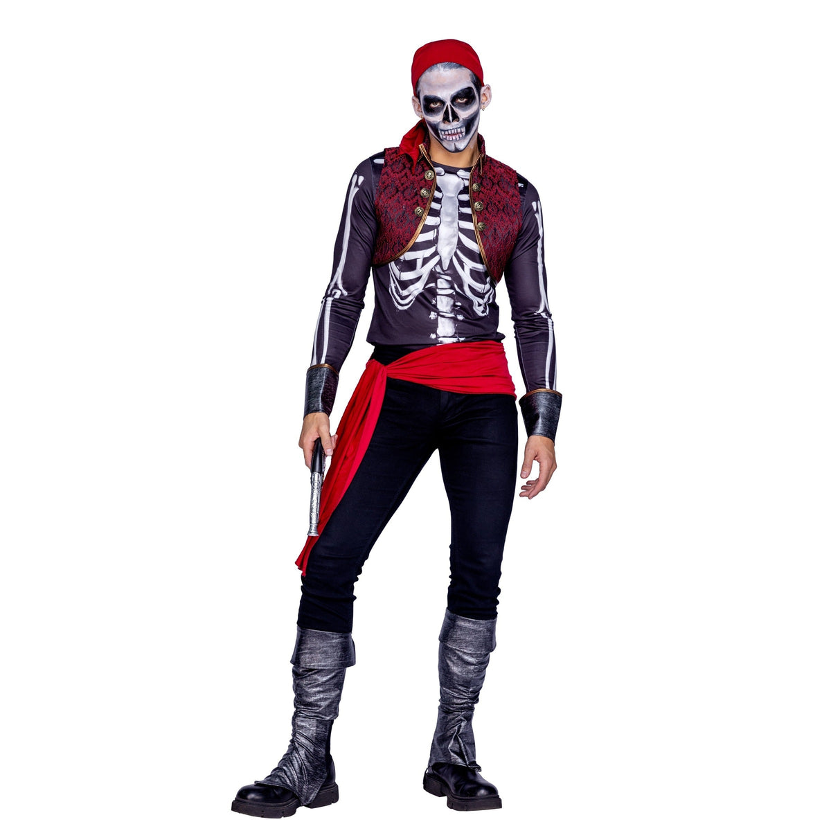 Man wearing skeleton pirate costume with red headscarf and sash, black boots | Chaps London