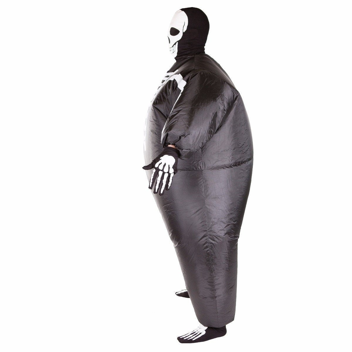 Inflatable black skeleton costume worn by a person, side view | Chaps London