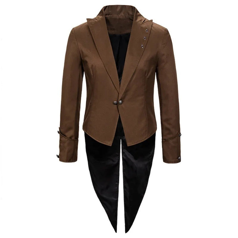 Brown tailcoat jacket with black swallowtail back, shown on mannequin | Chaps London