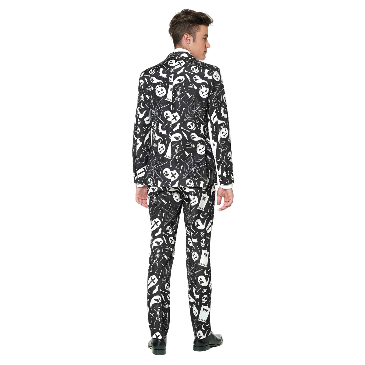 Man wearing black Halloween suit jacket with white skeleton and ghost print | Chaps London